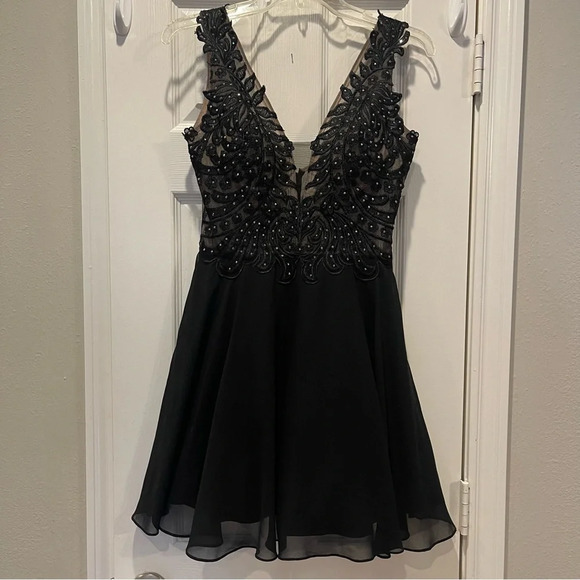 Sheer Embellished Lace Dark Fairy Whimsical Mini Black Formal Dress Sz 9 - Picture 2 of 9